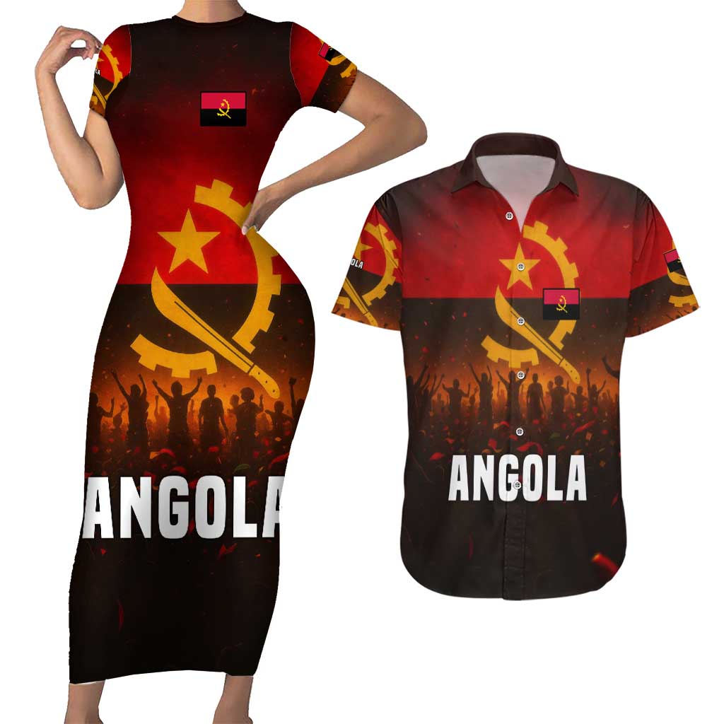 Angola Couples Matching Short Sleeve Bodycon Dress and Hawaiian Shirt with Red Black Yellow Grunge Design - Wonder Print Shop