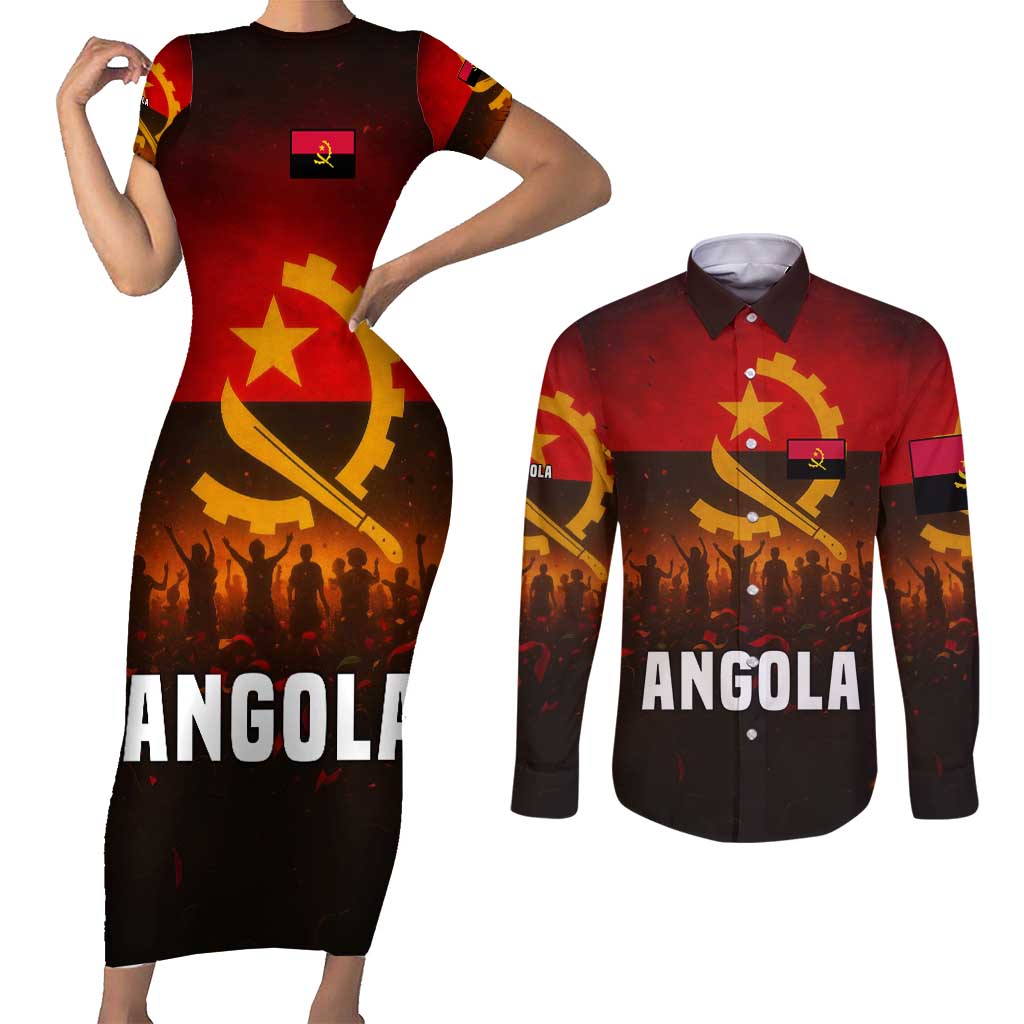 Angola Couples Matching Short Sleeve Bodycon Dress and Long Sleeve Button Shirt with Red Black Yellow Grunge Design - Wonder Print Shop