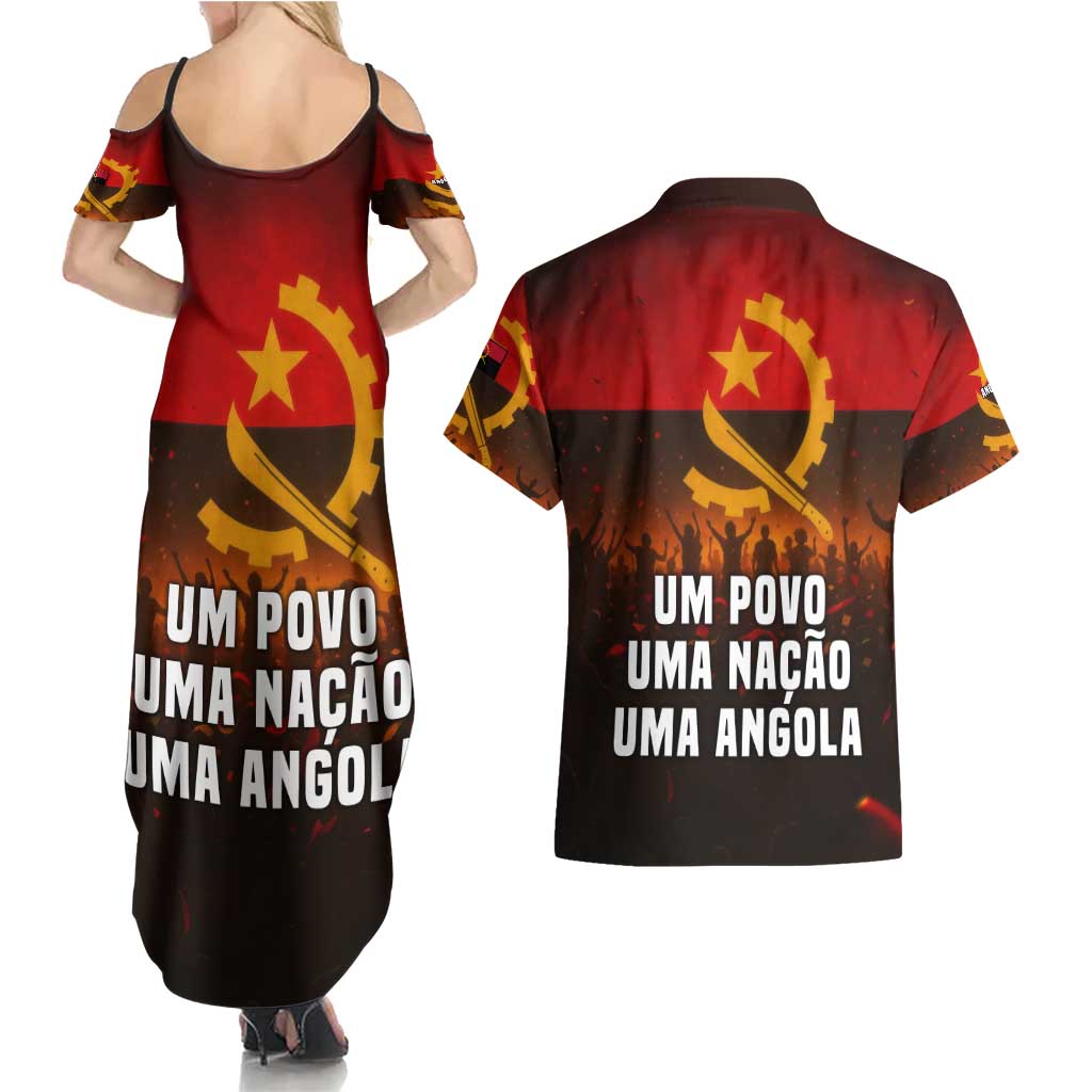 Angola Couples Matching Summer Maxi Dress and Hawaiian Shirt with Red Black Yellow Grunge Design - Wonder Print Shop