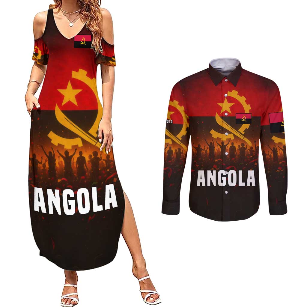 Angola Couples Matching Summer Maxi Dress and Long Sleeve Button Shirt with Red Black Yellow Grunge Design - Wonder Print Shop