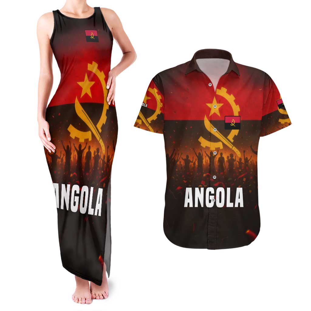 Angola Couples Matching Tank Maxi Dress and Hawaiian Shirt with Red Black Yellow Grunge Design - Wonder Print Shop