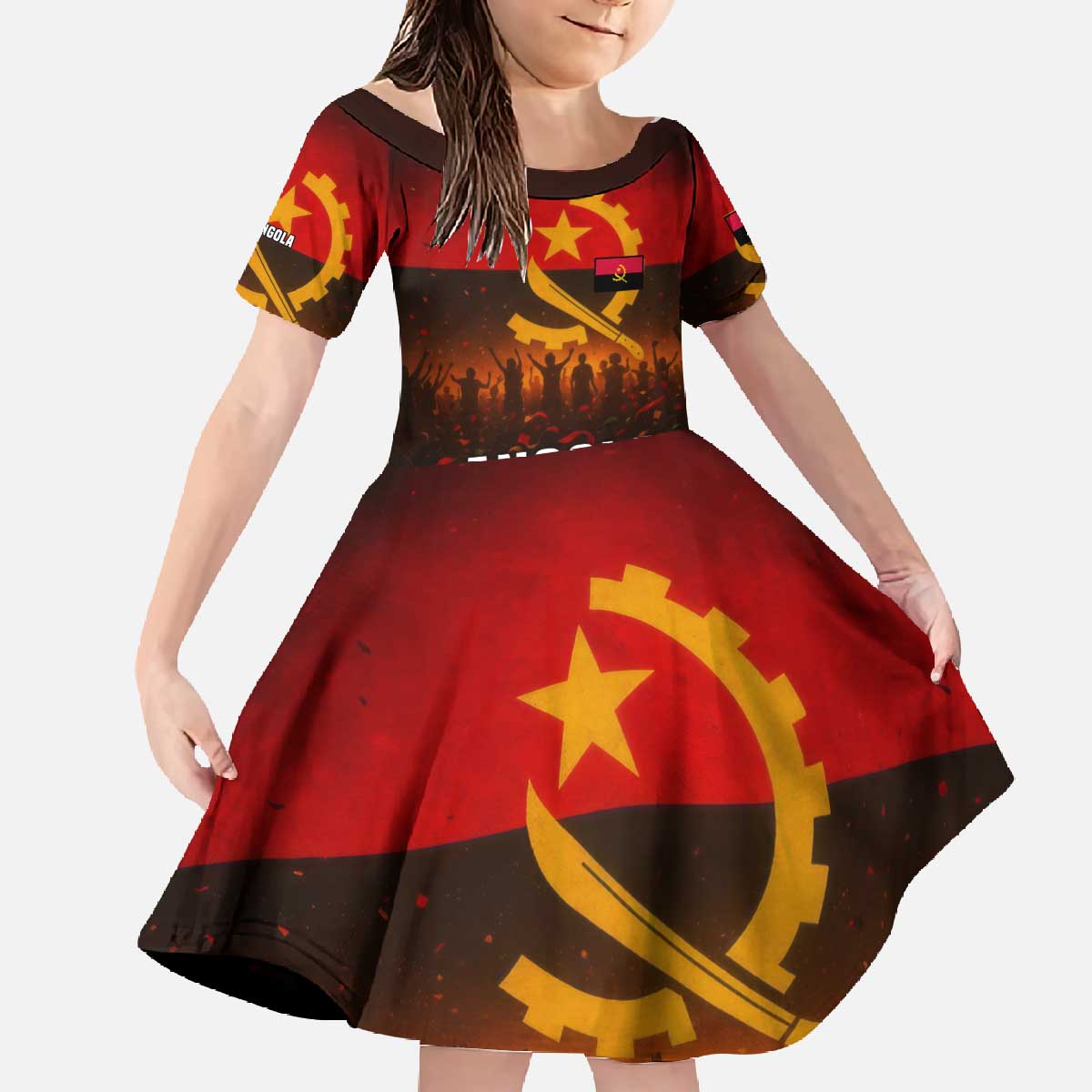 Angola Family Matching Off The Shoulder Long Sleeve Dress and Hawaiian Shirt with Red Black Yellow Grunge Design - Wonder Print Shop