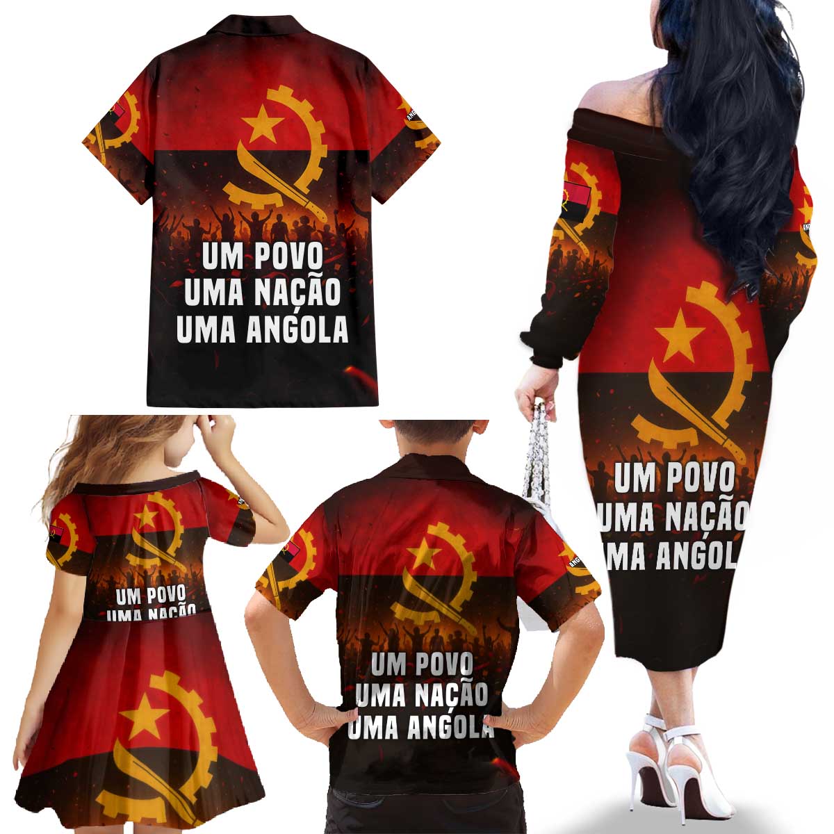 Angola Family Matching Off The Shoulder Long Sleeve Dress and Hawaiian Shirt with Red Black Yellow Grunge Design - Wonder Print Shop