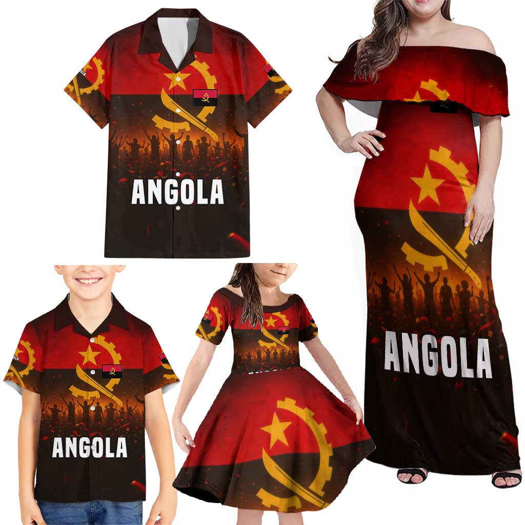 Angola Family Matching Off Shoulder Maxi Dress and Hawaiian Shirt with Red Black Yellow Grunge Design - Wonder Print Shop