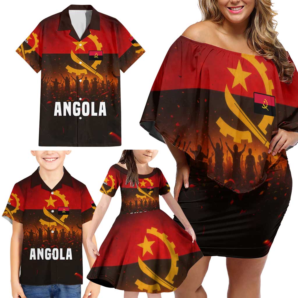 Angola Family Matching Off Shoulder Short Dress and Hawaiian Shirt with Red Black Yellow Grunge Design - Wonder Print Shop