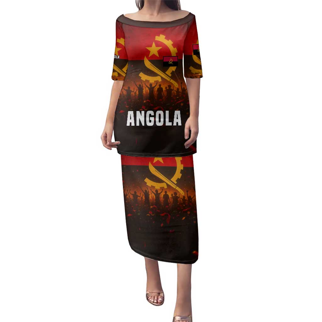 Angola Family Matching Puletasi and Hawaiian Shirt with Red Black Yellow Grunge Design - Wonder Print Shop
