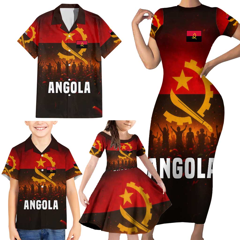 Angola Family Matching Short Sleeve Bodycon Dress and Hawaiian Shirt with Red Black Yellow Grunge Design - Wonder Print Shop