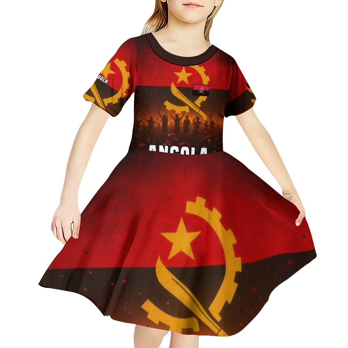 Angola Kid Short Sleeve Dress with Red Black Yellow Grunge Design - Wonder Print Shop