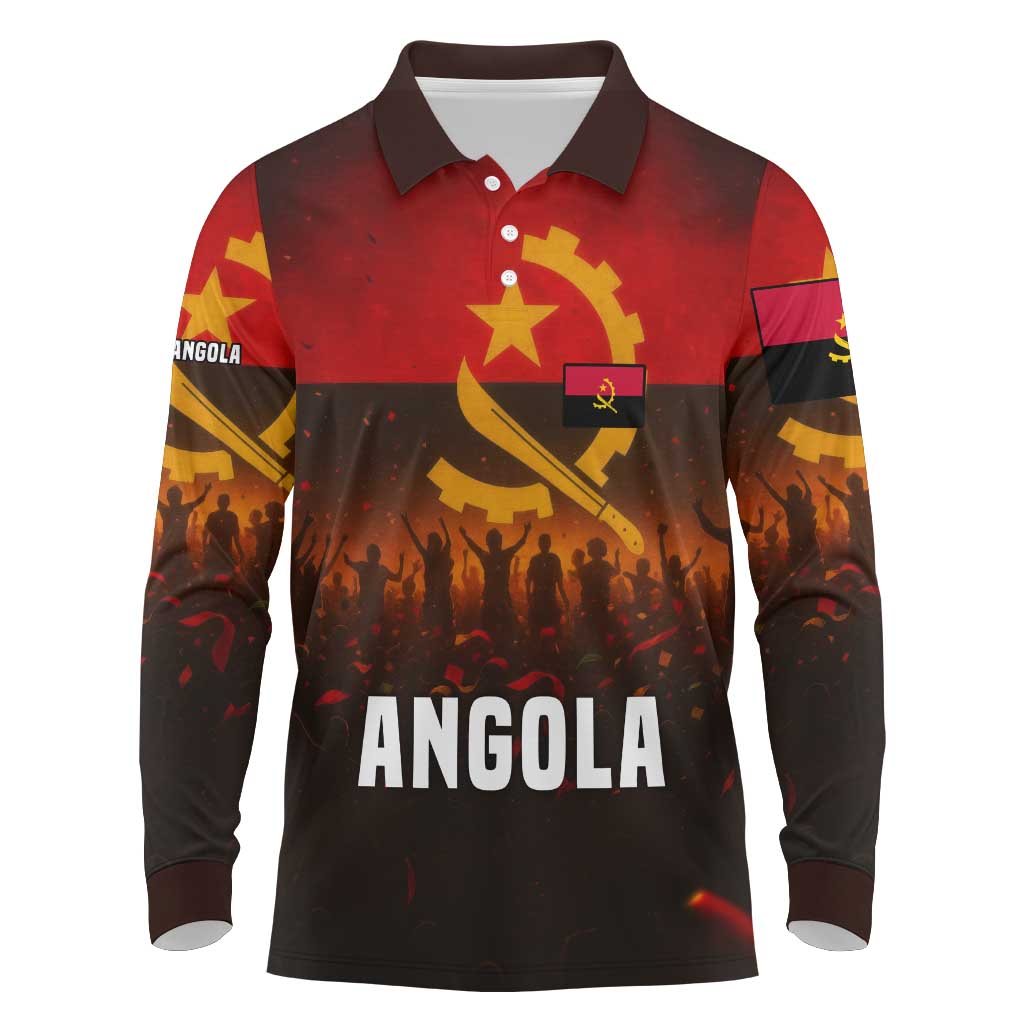 Angola Long Sleeve Polo Shirt with Red Black Yellow Grunge Design - Wonder Print Shop