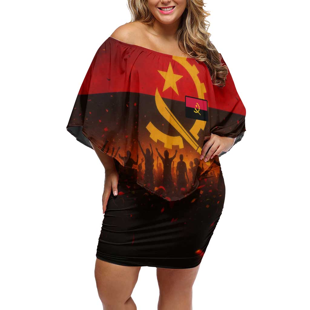 Angola Off Shoulder Short Dress with Red Black Yellow Grunge Design - Wonder Print Shop