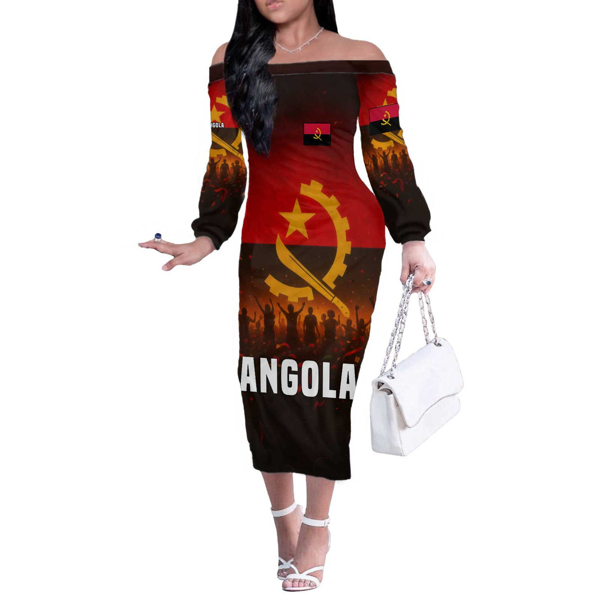 Angola Off The Shoulder Long Sleeve Dress with Red Black Yellow Grunge Design - Wonder Print Shop
