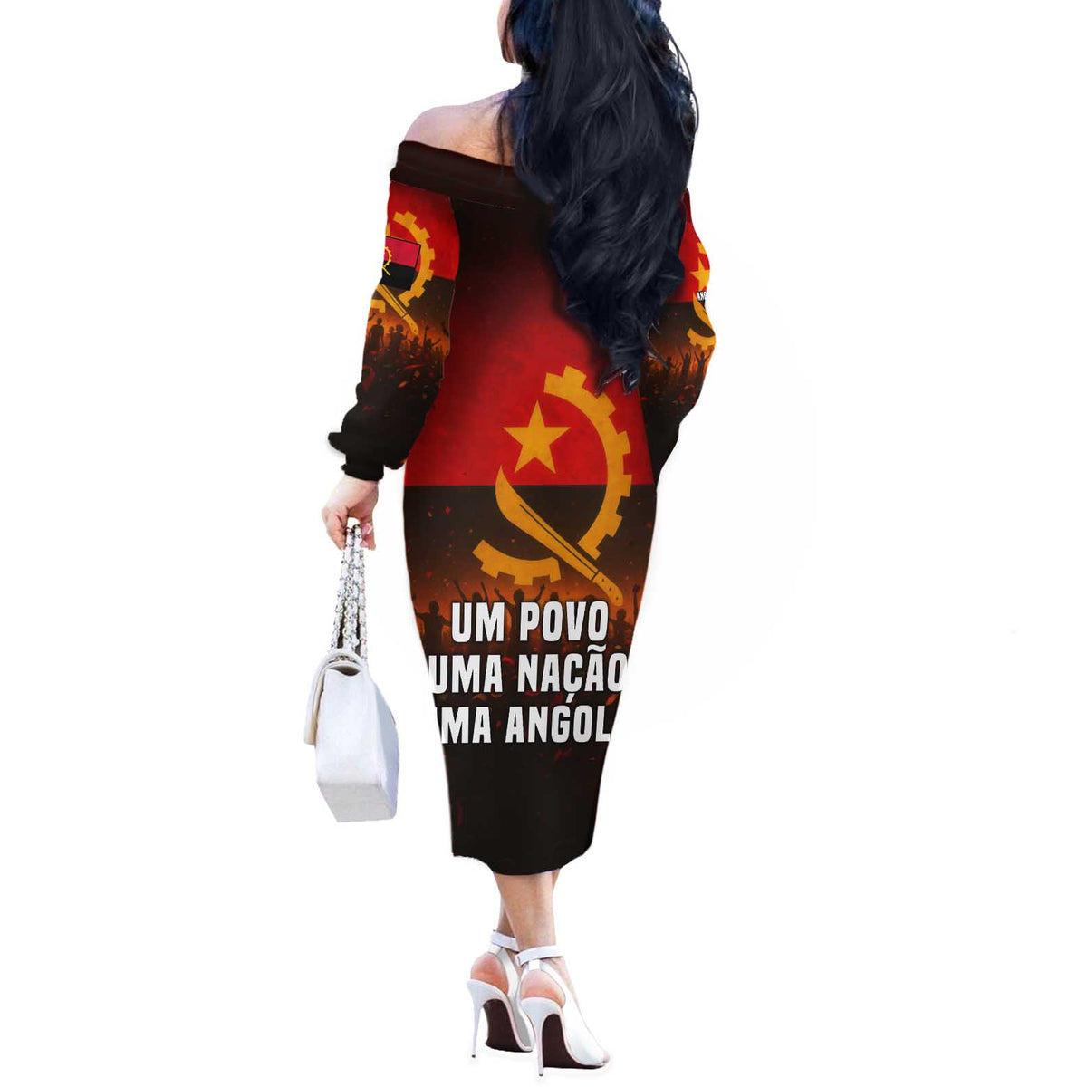 Angola Off The Shoulder Long Sleeve Dress with Red Black Yellow Grunge Design - Wonder Print Shop