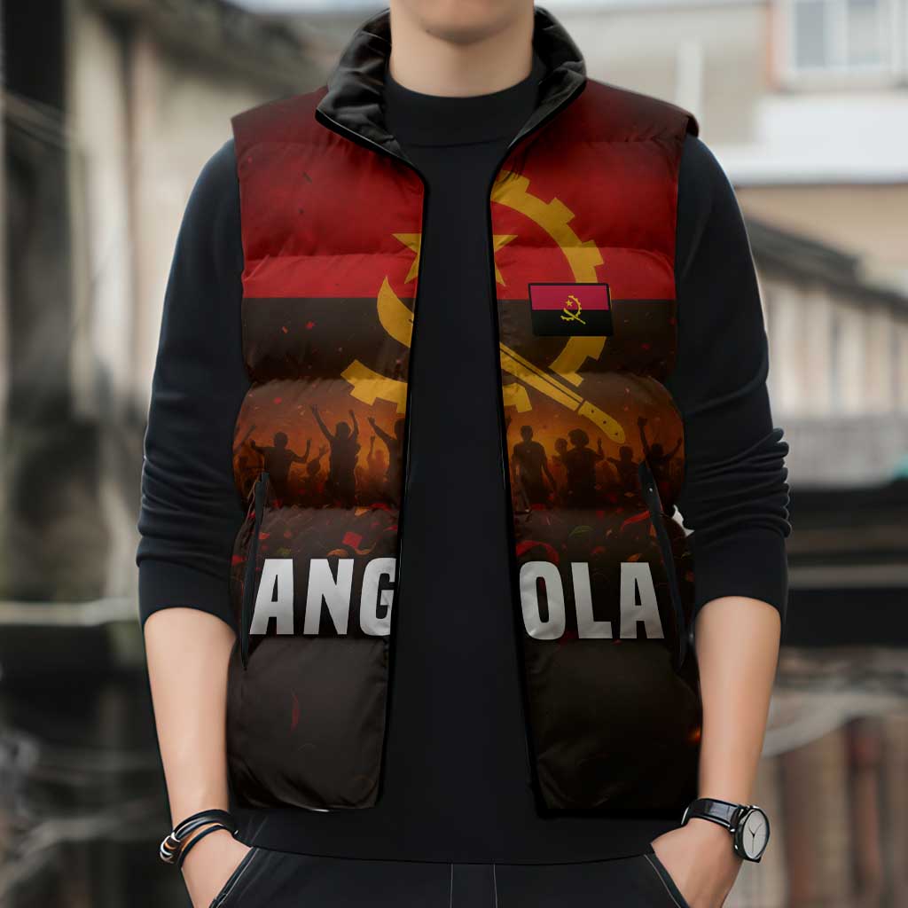 Angola Sleeveless Puffer Jacket with Red Black Yellow Grunge Design - Wonder Print Shop