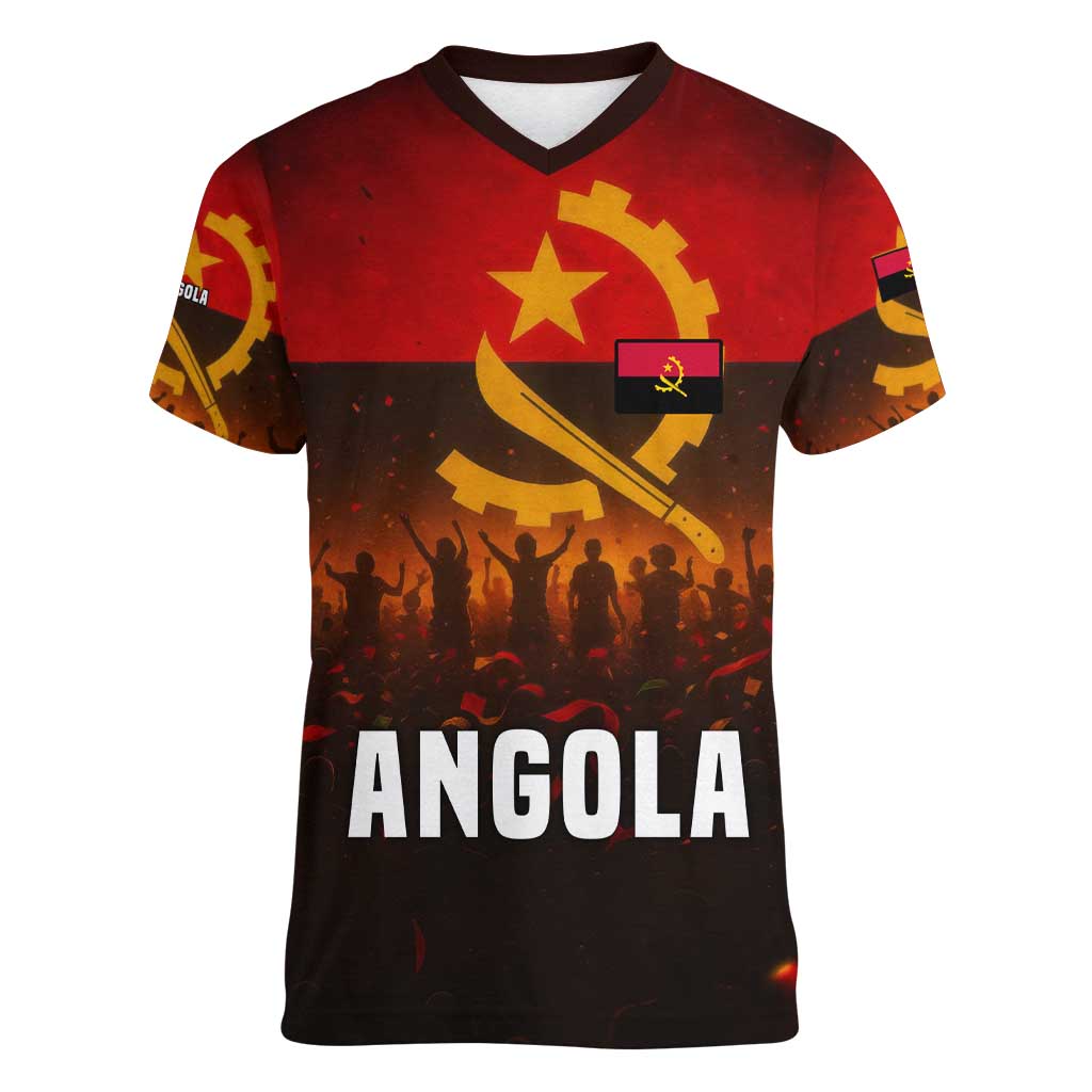 Angola Women V-Neck T-Shirt with Red Black Yellow Grunge Design - Wonder Print Shop