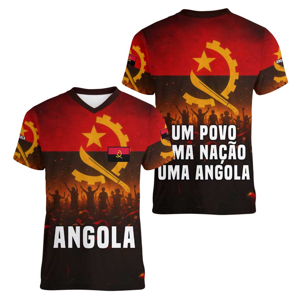 Angola Women V-Neck T-Shirt with Red Black Yellow Grunge Design - Wonder Print Shop