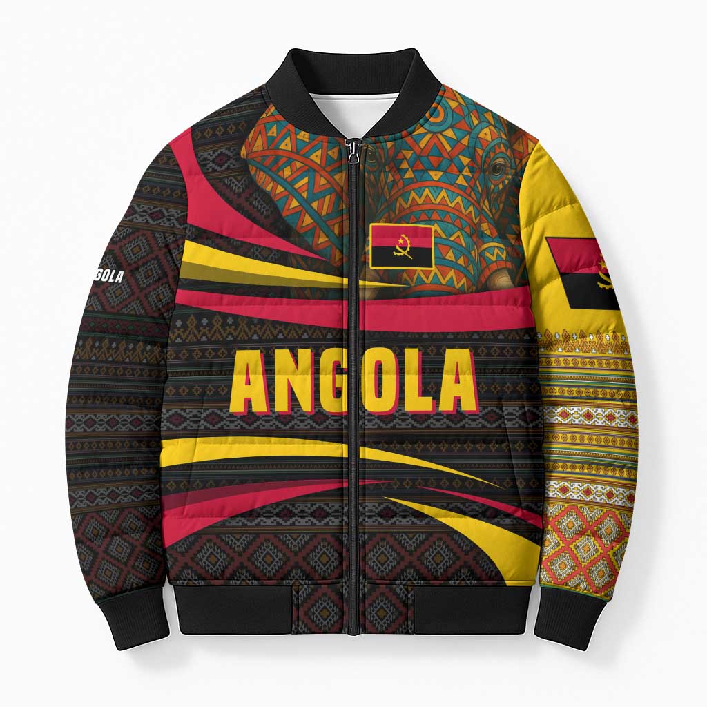 Angola Bomber Puffer Jacket with Red Black Yellow Tribal Design and Elephant - Wonder Print Shop
