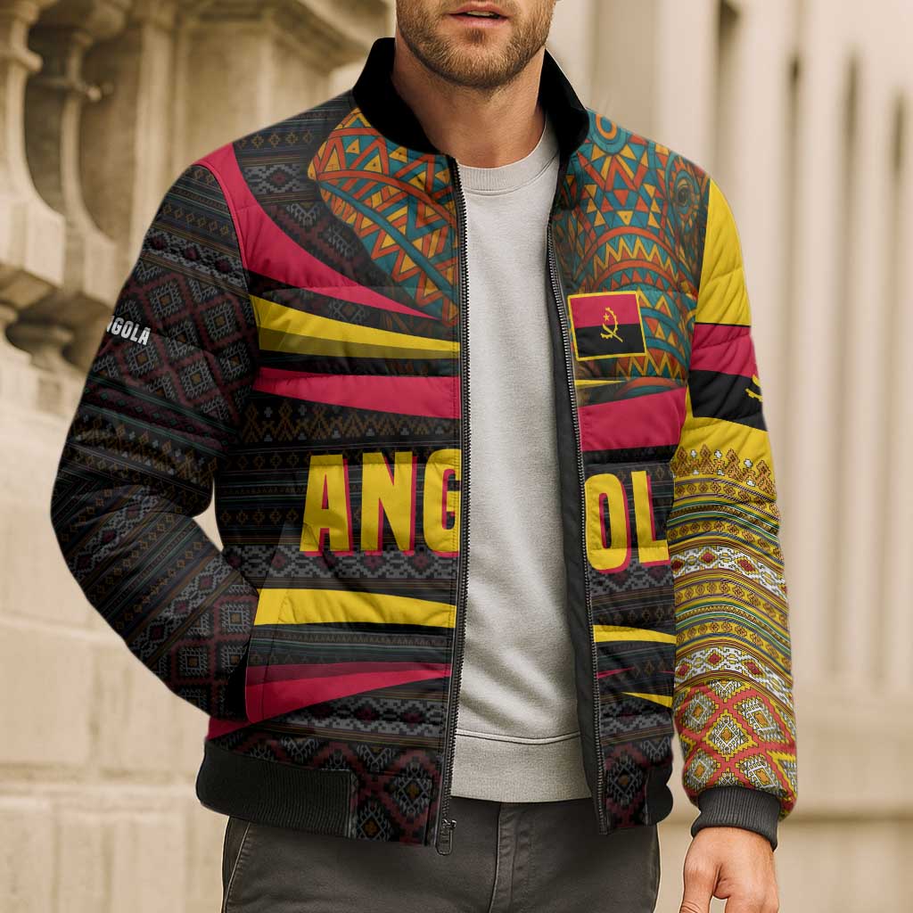 Angola Bomber Puffer Jacket with Red Black Yellow Tribal Design and Elephant - Wonder Print Shop