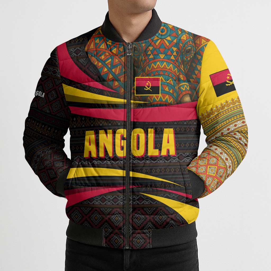 Angola Bomber Puffer Jacket with Red Black Yellow Tribal Design and Elephant - Wonder Print Shop
