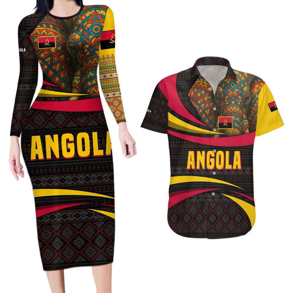 Angola Couples Matching Long Sleeve Bodycon Dress and Hawaiian Shirt with Red Black Yellow Tribal Design and Elephant - Wonder Print Shop