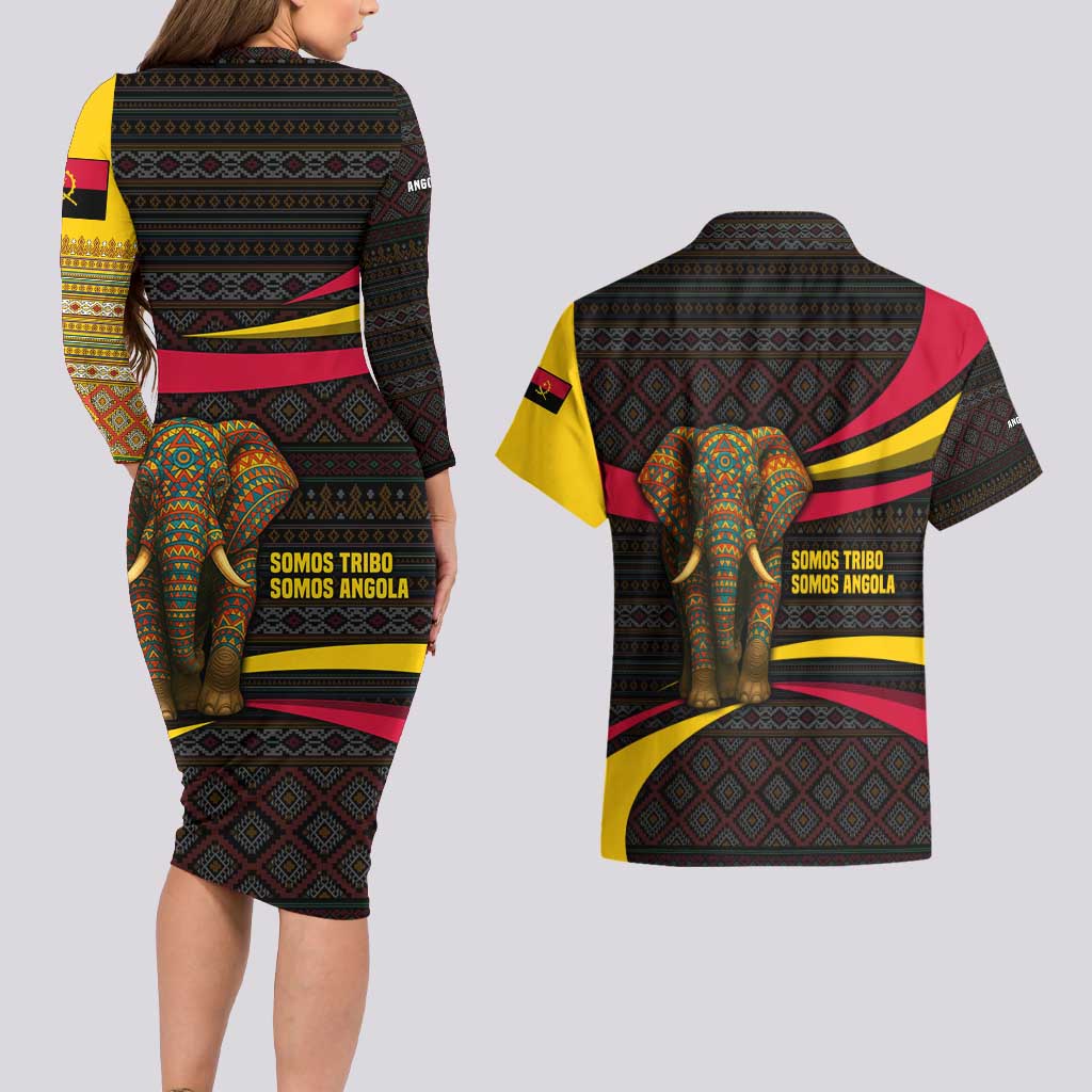 Angola Couples Matching Long Sleeve Bodycon Dress and Hawaiian Shirt with Red Black Yellow Tribal Design and Elephant - Wonder Print Shop
