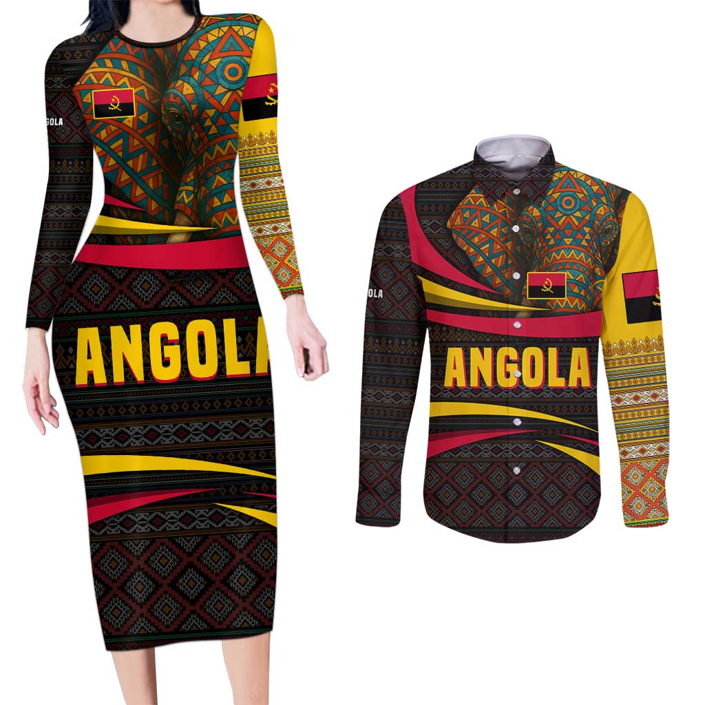 Angola Couples Matching Long Sleeve Bodycon Dress and Long Sleeve Button Shirt with Red Black Yellow Tribal Design and Elephant - Wonder Print Shop