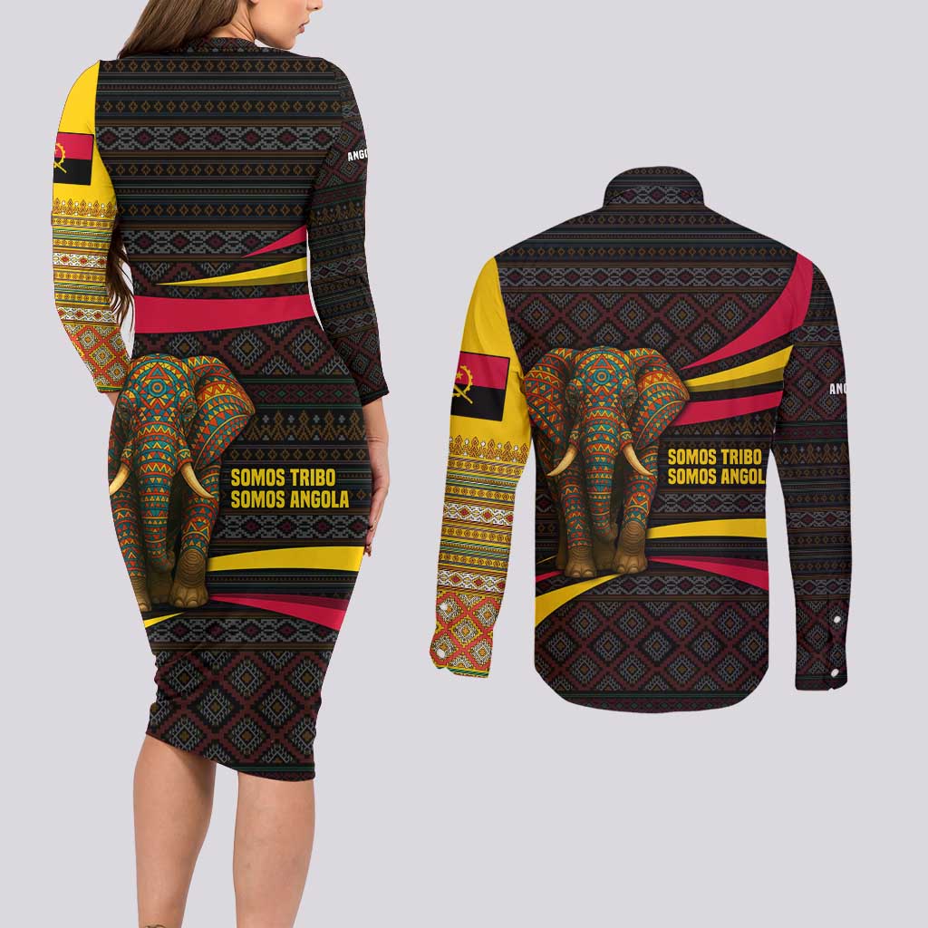 Angola Couples Matching Long Sleeve Bodycon Dress and Long Sleeve Button Shirt with Red Black Yellow Tribal Design and Elephant - Wonder Print Shop