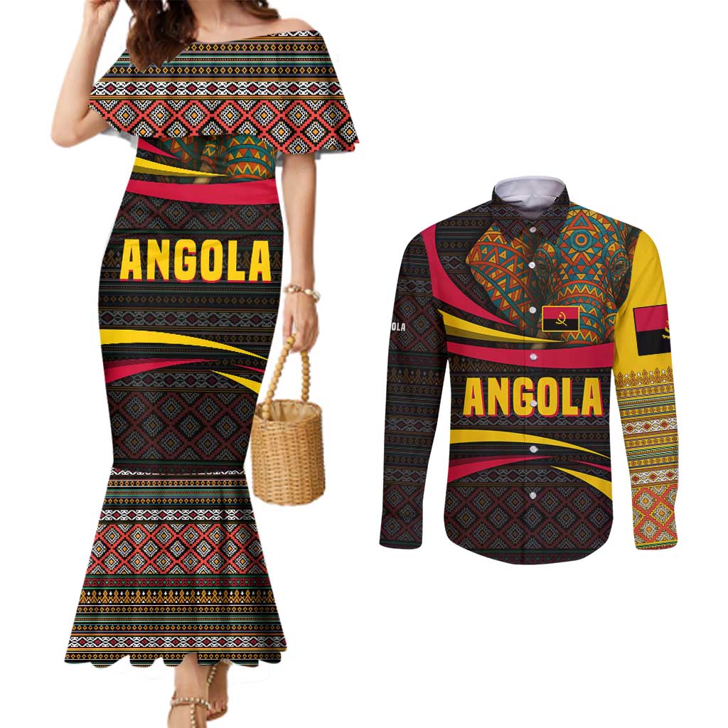 Angola Couples Matching Mermaid Dress and Long Sleeve Button Shirt with Red Black Yellow Tribal Design and Elephant - Wonder Print Shop
