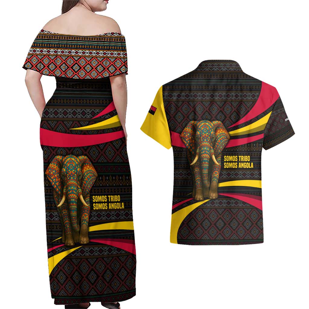 Angola Couples Matching Off Shoulder Maxi Dress and Hawaiian Shirt with Red Black Yellow Tribal Design and Elephant - Wonder Print Shop