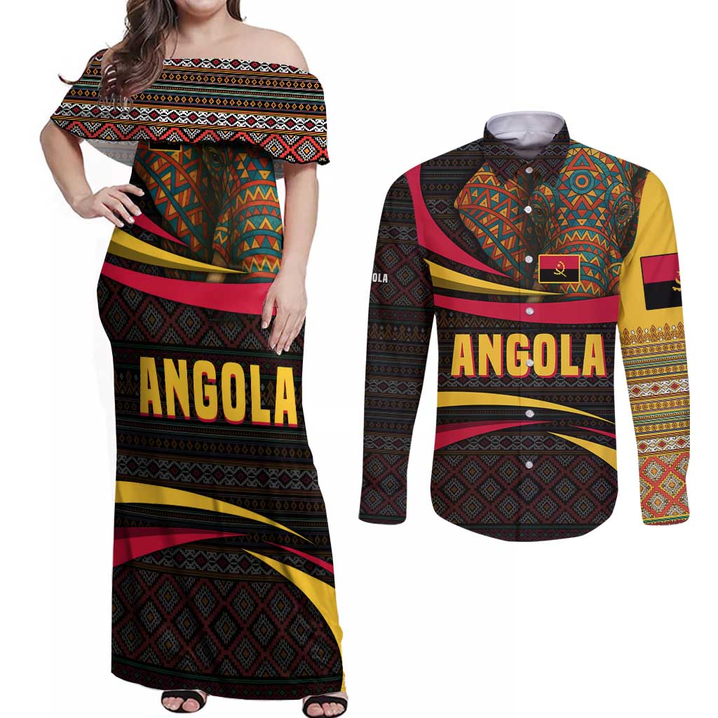 Angola Couples Matching Off Shoulder Maxi Dress and Long Sleeve Button Shirt with Red Black Yellow Tribal Design and Elephant - Wonder Print Shop