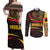 Angola Couples Matching Off Shoulder Maxi Dress and Long Sleeve Button Shirt with Red Black Yellow Tribal Design and Elephant - Wonder Print Shop