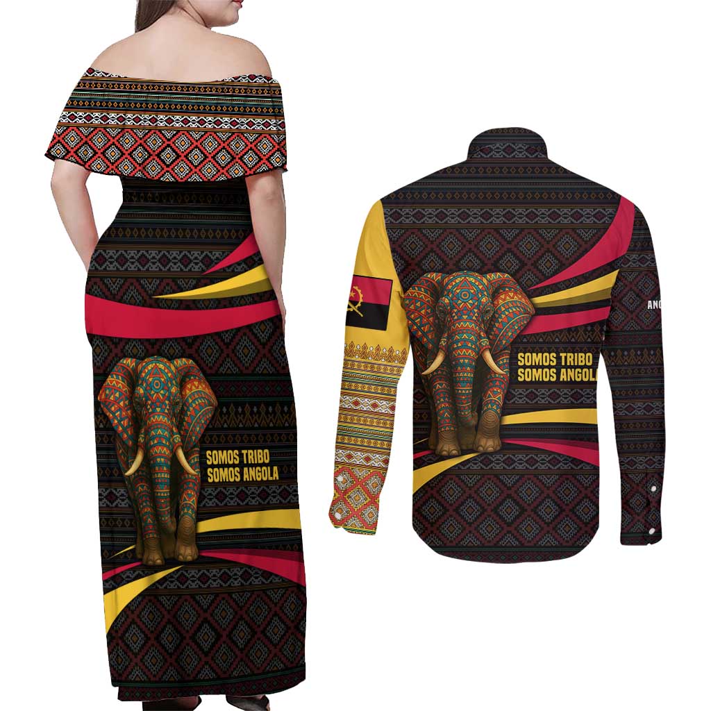 Angola Couples Matching Off Shoulder Maxi Dress and Long Sleeve Button Shirt with Red Black Yellow Tribal Design and Elephant - Wonder Print Shop