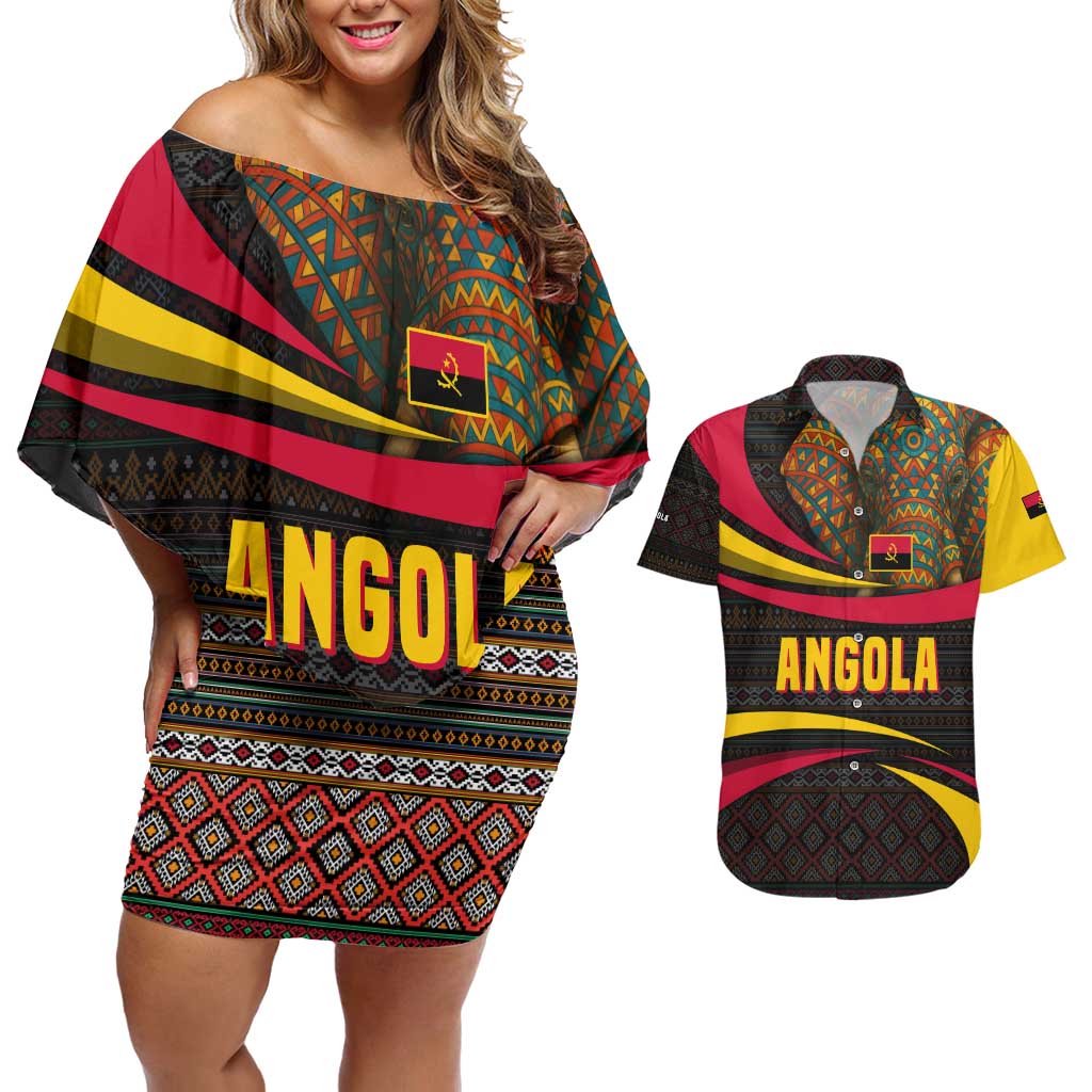 Angola Couples Matching Off Shoulder Short Dress and Hawaiian Shirt with Red Black Yellow Tribal Design and Elephant - Wonder Print Shop