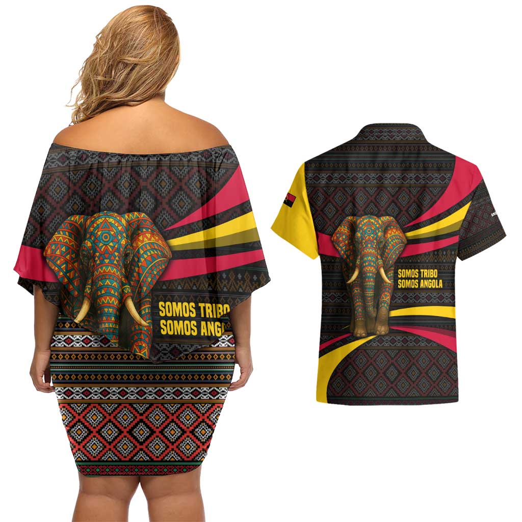 Angola Couples Matching Off Shoulder Short Dress and Hawaiian Shirt with Red Black Yellow Tribal Design and Elephant - Wonder Print Shop