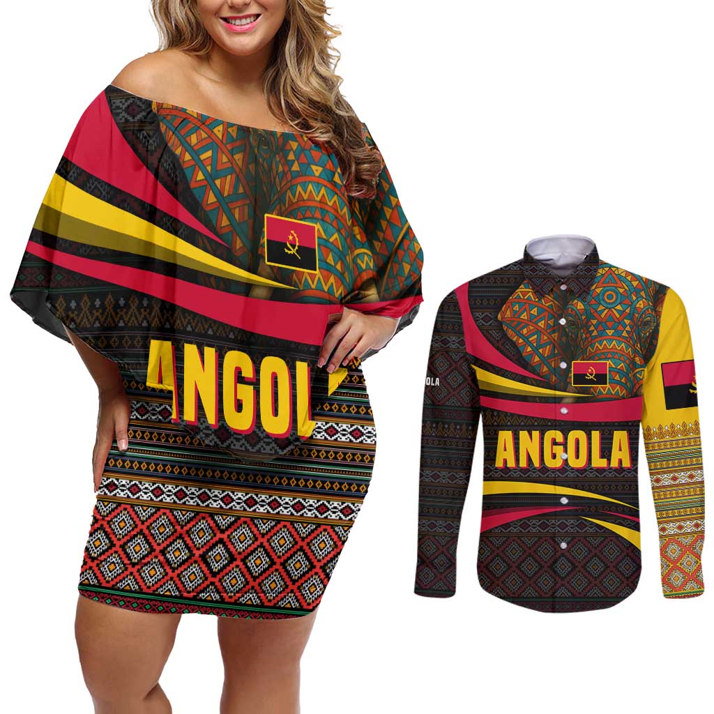 Angola Couples Matching Off Shoulder Short Dress and Long Sleeve Button Shirt with Red Black Yellow Tribal Design and Elephant - Wonder Print Shop