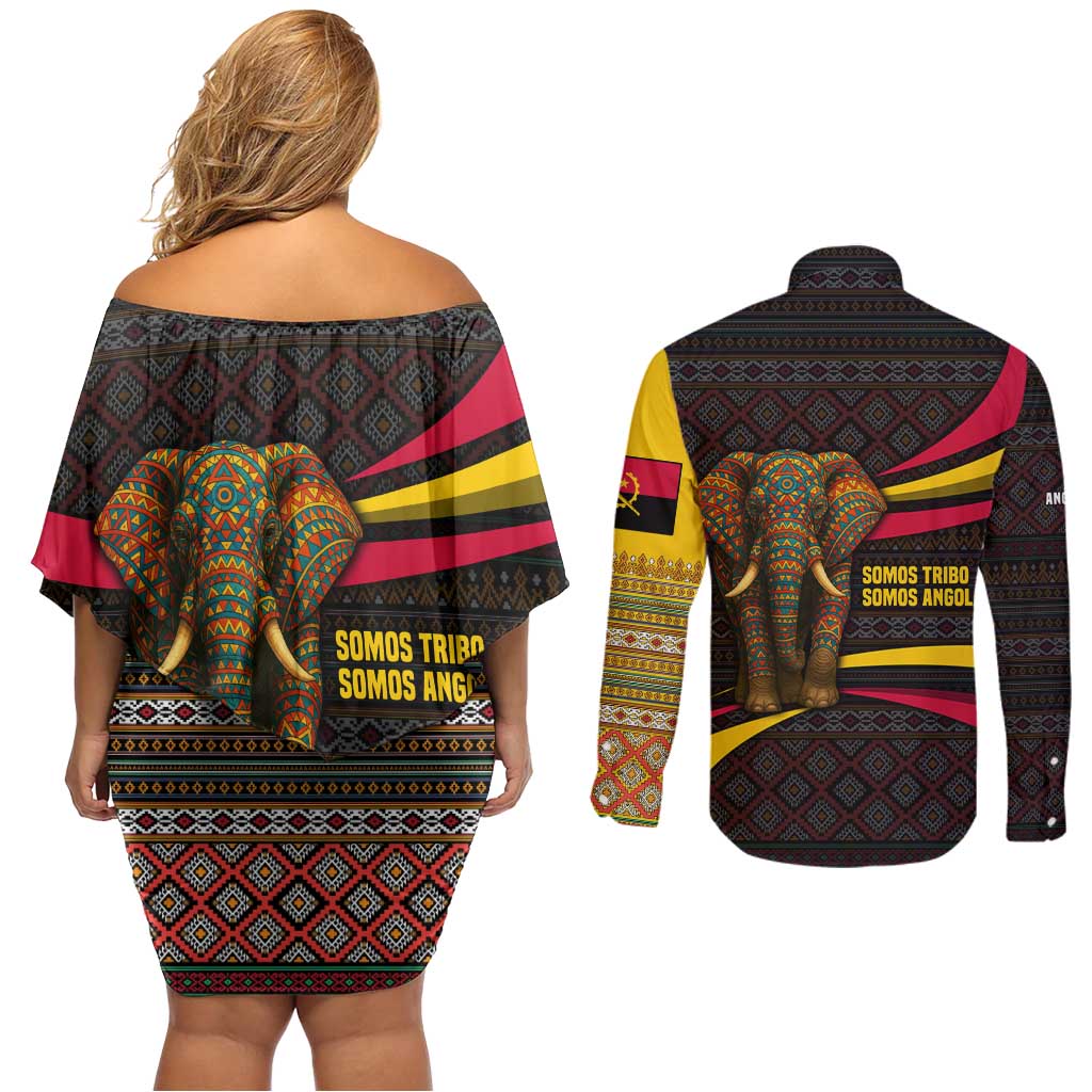 Angola Couples Matching Off Shoulder Short Dress and Long Sleeve Button Shirt with Red Black Yellow Tribal Design and Elephant - Wonder Print Shop