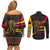 Angola Couples Matching Off Shoulder Short Dress and Long Sleeve Button Shirt with Red Black Yellow Tribal Design and Elephant - Wonder Print Shop