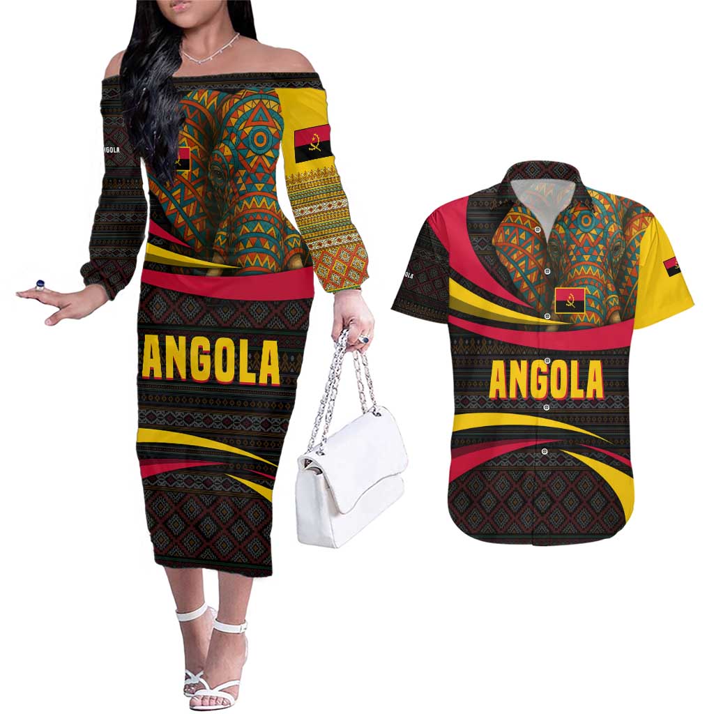 Angola Couples Matching Off The Shoulder Long Sleeve Dress and Hawaiian Shirt with Red Black Yellow Tribal Design and Elephant - Wonder Print Shop