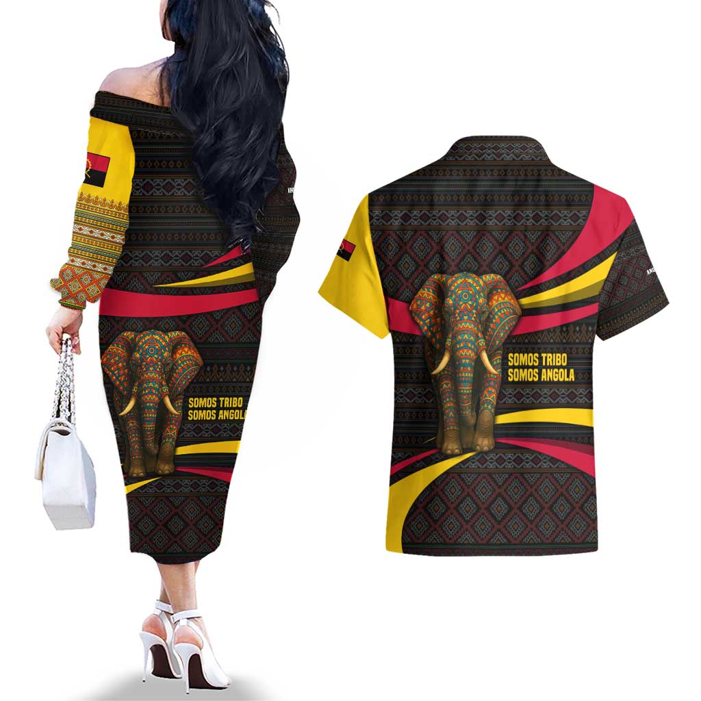 Angola Couples Matching Off The Shoulder Long Sleeve Dress and Hawaiian Shirt with Red Black Yellow Tribal Design and Elephant - Wonder Print Shop