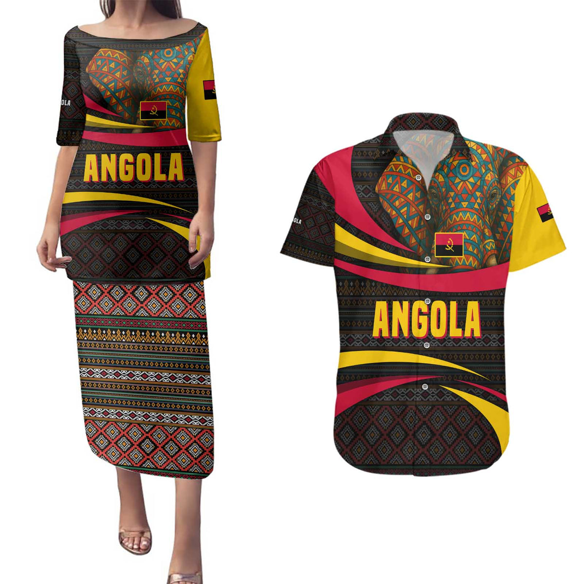 Angola Couples Matching Puletasi and Hawaiian Shirt with Red Black Yellow Tribal Design and Elephant - Wonder Print Shop