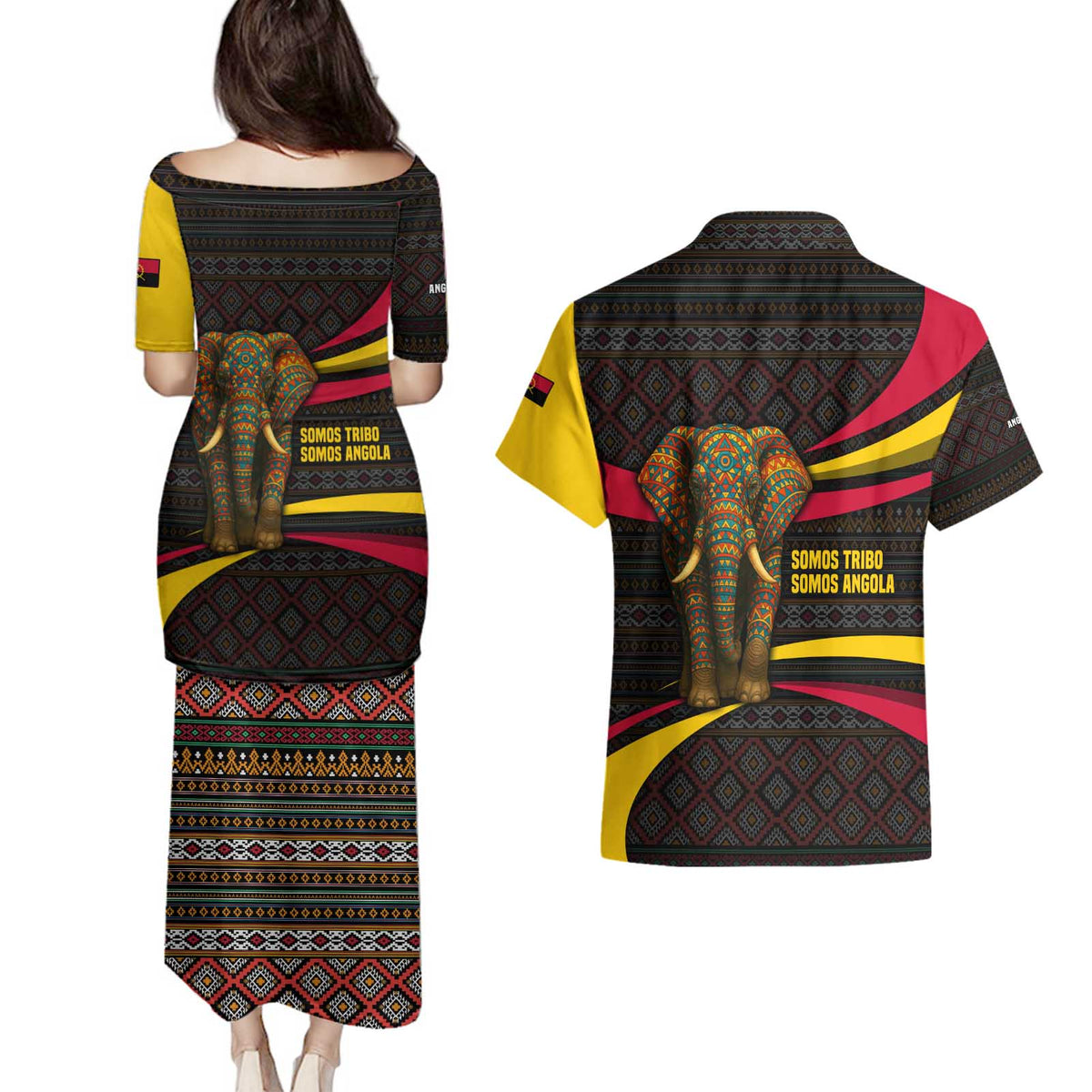 Angola Couples Matching Puletasi and Hawaiian Shirt with Red Black Yellow Tribal Design and Elephant - Wonder Print Shop