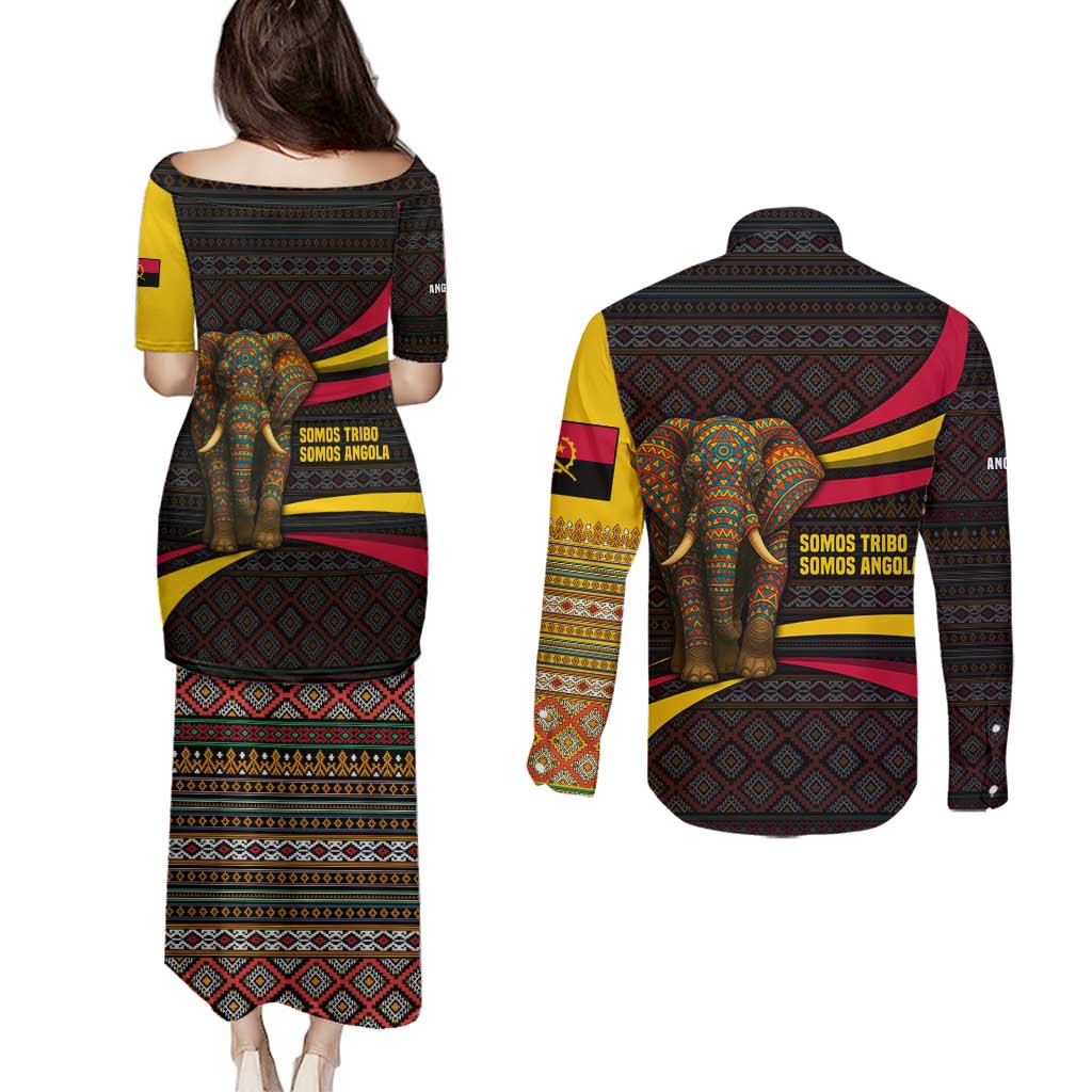 Angola Couples Matching Puletasi and Long Sleeve Button Shirt with Red Black Yellow Tribal Design and Elephant - Wonder Print Shop