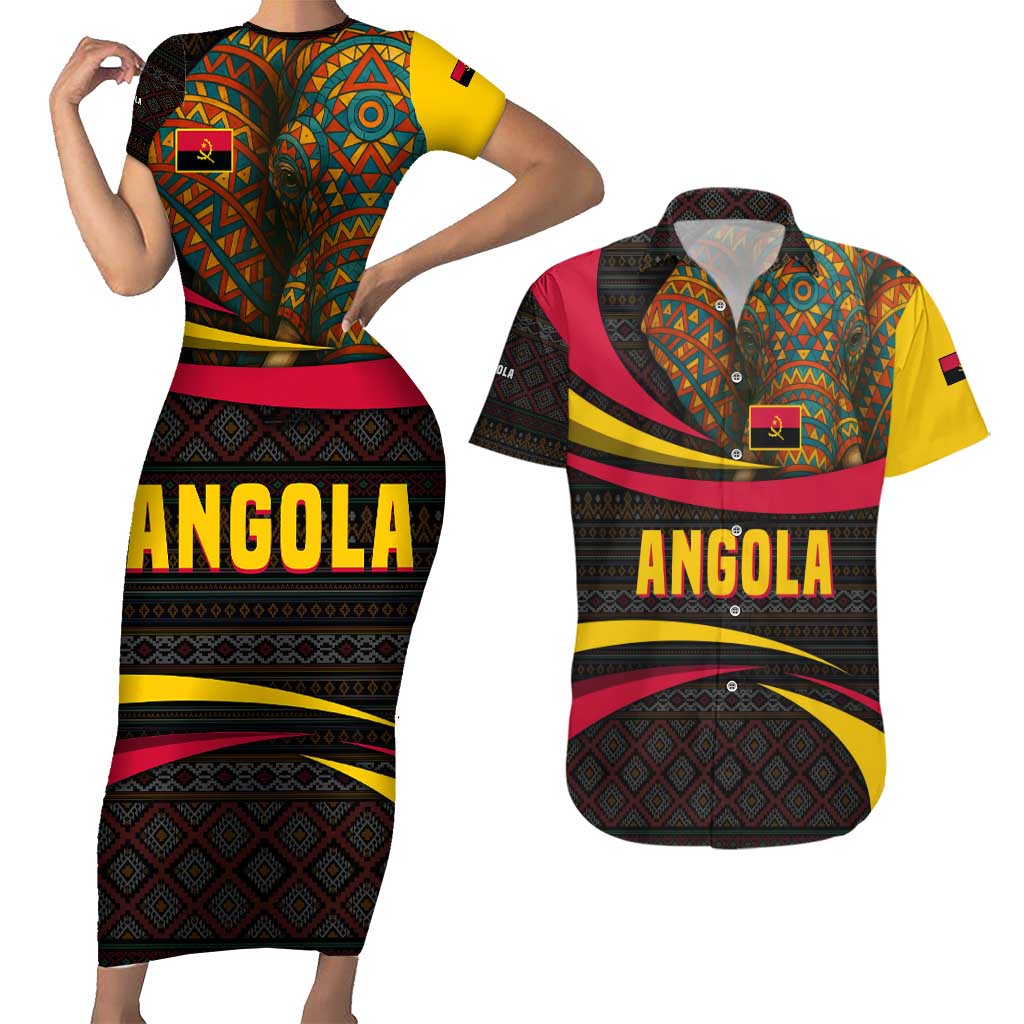 Angola Couples Matching Short Sleeve Bodycon Dress and Hawaiian Shirt with Red Black Yellow Tribal Design and Elephant - Wonder Print Shop