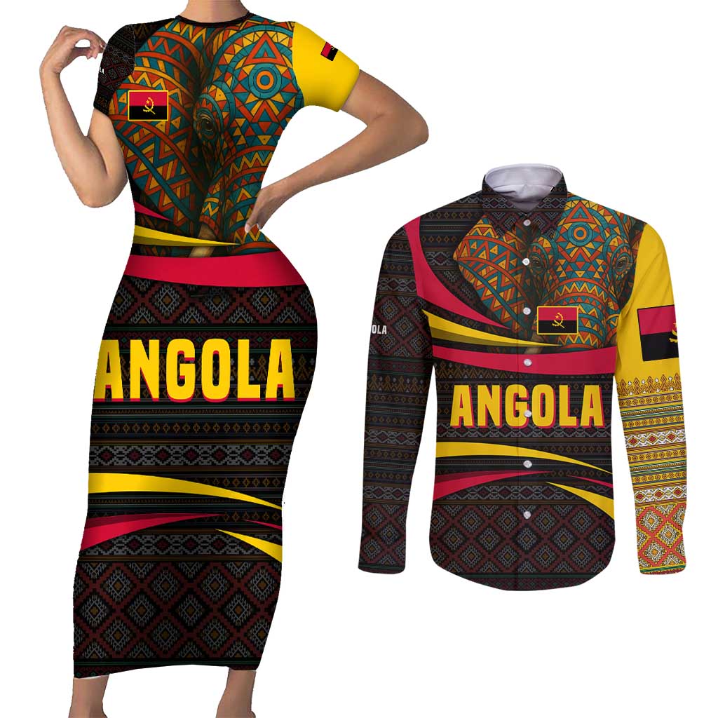 Angola Couples Matching Short Sleeve Bodycon Dress and Long Sleeve Button Shirt with Red Black Yellow Tribal Design and Elephant - Wonder Print Shop