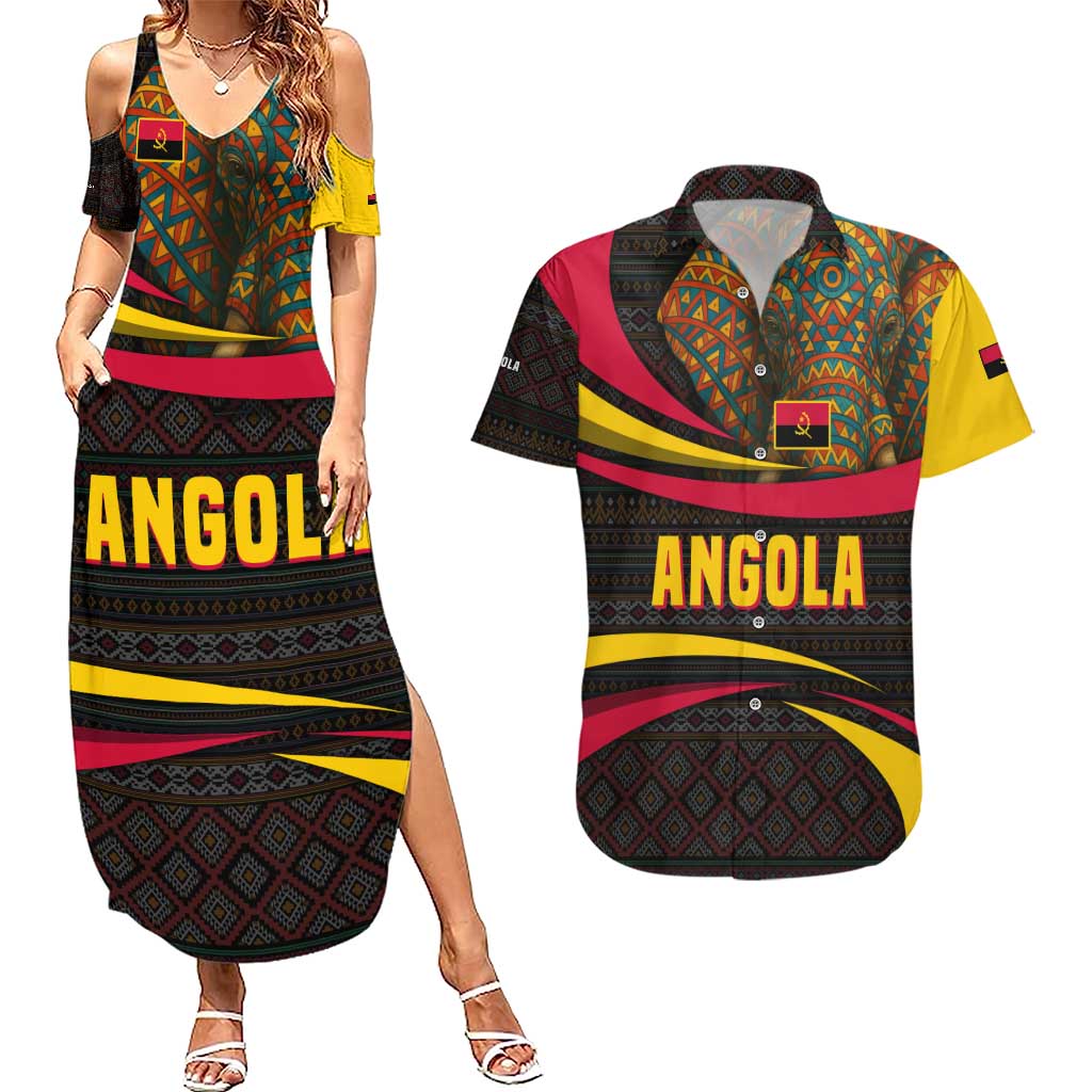 Angola Couples Matching Summer Maxi Dress and Hawaiian Shirt with Red Black Yellow Tribal Design and Elephant - Wonder Print Shop