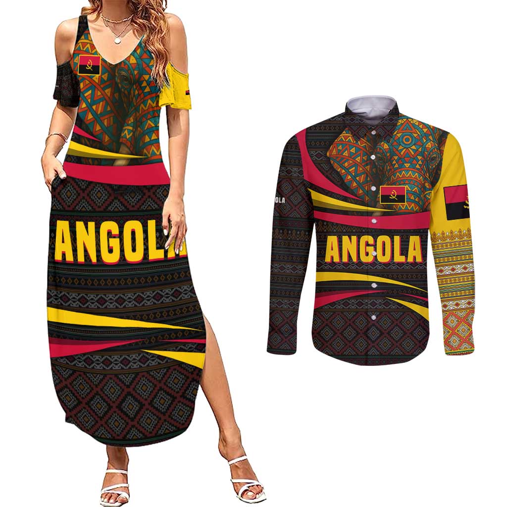 Angola Couples Matching Summer Maxi Dress and Long Sleeve Button Shirt with Red Black Yellow Tribal Design and Elephant - Wonder Print Shop