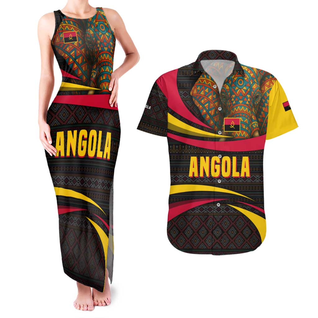 Angola Couples Matching Tank Maxi Dress and Hawaiian Shirt with Red Black Yellow Tribal Design and Elephant - Wonder Print Shop