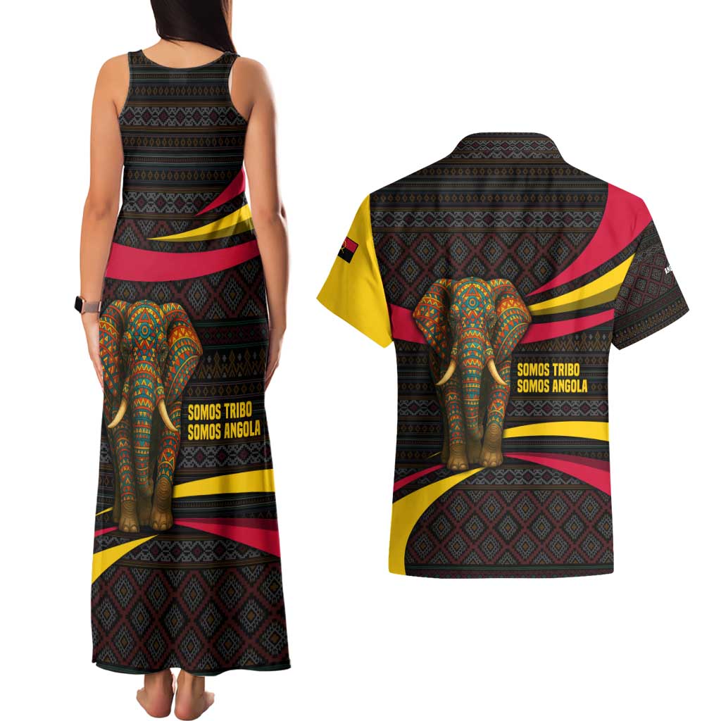 Angola Couples Matching Tank Maxi Dress and Hawaiian Shirt with Red Black Yellow Tribal Design and Elephant - Wonder Print Shop