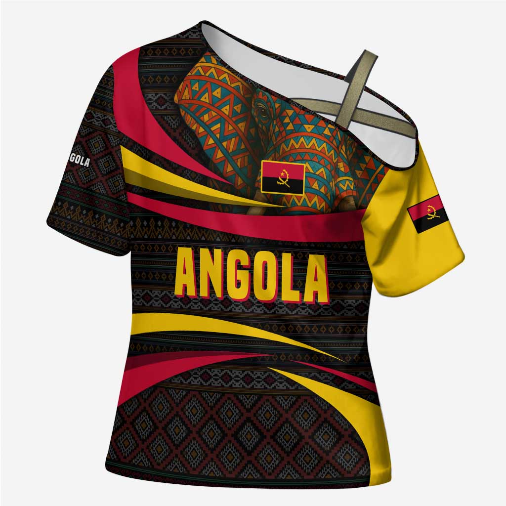 Angola Cross Shoulder Shirt with Red Black Yellow Tribal Design and Elephant - Wonder Print Shop