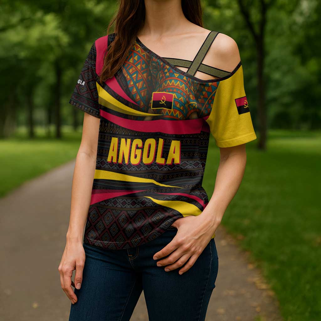 Angola Cross Shoulder Shirt with Red Black Yellow Tribal Design and Elephant - Wonder Print Shop