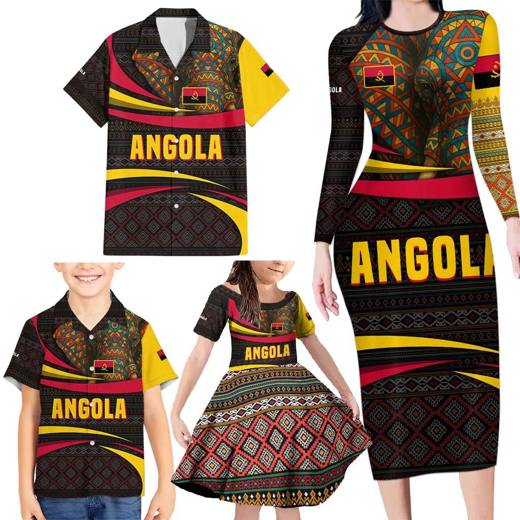 Angola Family Matching Long Sleeve Bodycon Dress and Hawaiian Shirt with Red Black Yellow Tribal Design and Elephant - Wonder Print Shop